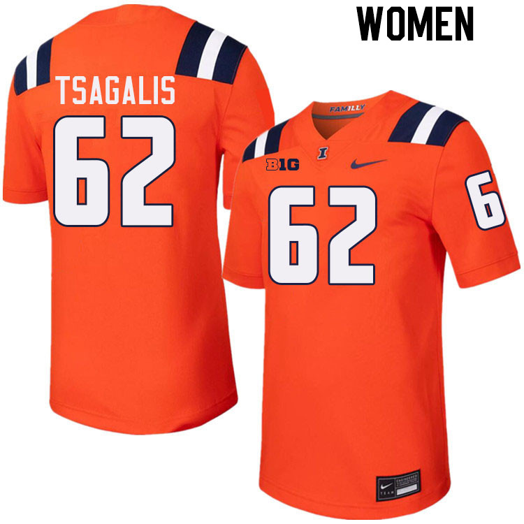 Women #62 Sam Tsagalis Illinois Fighting Illini College Football Jerseys Stitched-Orange